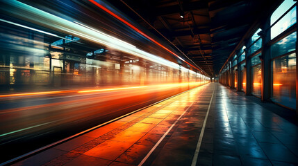 Fototapeta na wymiar Speeding Trains: Capturing the Dynamic Energy and Glowing Lights of a Station Platform