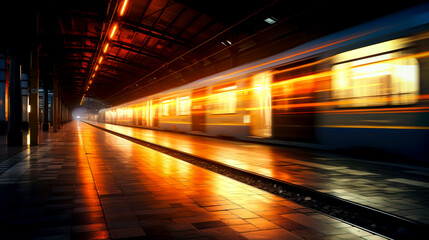 Fototapeta na wymiar Speeding Lights: Capturing the Dynamic Motion of Passing Trains on a Station Platform