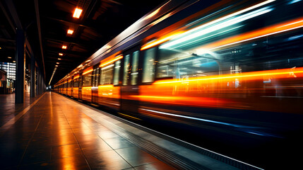 Fototapeta na wymiar Speeding Trains: Capturing the Dynamic Motion and Shining Lights on the Station Platform