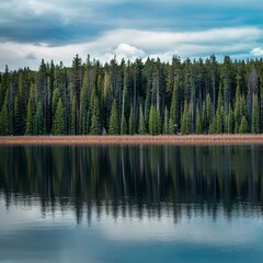 View on a coniferous forest across a lake.