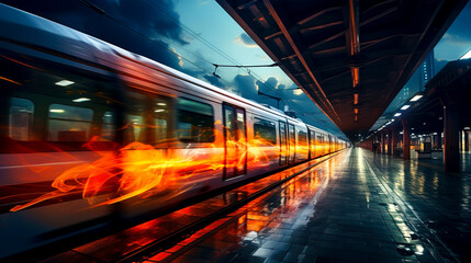 Fototapeta na wymiar Speeding Through: Capturing the Dynamic Motion and Shining Lights of Passing Trains on Station Platforms