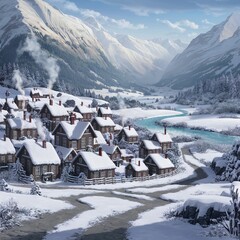 village in snowy mountain landscape