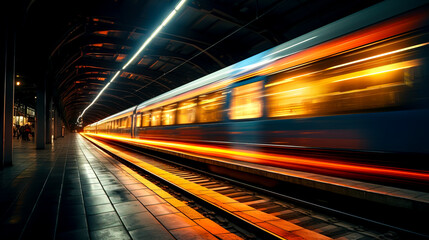 Fototapeta na wymiar Speeding Trains: Capturing the Dynamic Blur and Shining Lights of Station Platforms