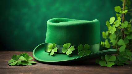 A green hat with four clover leaves for Saint Patrick's Day. Green clover with a green leprechaun hat.Irish springtime tradition.Background of Saint Patrick.Shamrocks on a green background for St. Pat