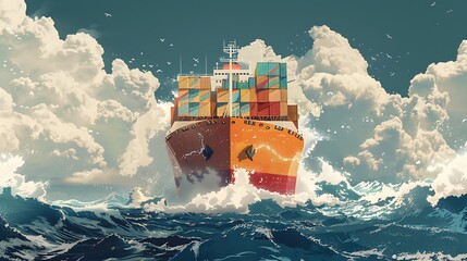 A cargo ship's stern towering above the waves, with containers neatly stacked, symbolizing global trade and logistics. - obrazy, fototapety, plakaty