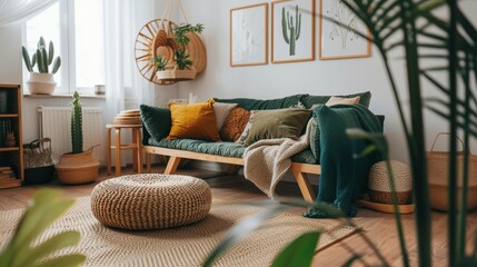 Ein grünes Sofa in einem gemütlichen Wohnzimmer  - obrazy, fototapety, plakaty