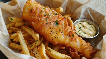 Rustic fish and chips presentation. Generative AI