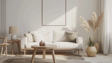 Ein Sofa in einem gemütlichen Wohnzimmer mit leerem Bilderrahmen an der Wand