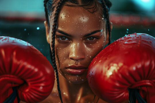 closeup of beautiful black female boxer with braids wearing red boxing gloves in the ring with sweat on her face