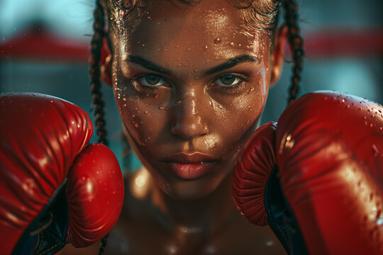 closeup of beautiful black female boxer with braids wearing red boxing gloves in the ring with sweat on her face - Powered by Adobe