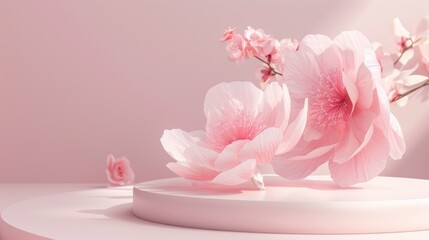 3d cylinder display podium with peonies blossom isolated on pastel pink background. AI generated