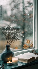 A book on the windowsill with dry flowers and candles.There is rain outside view