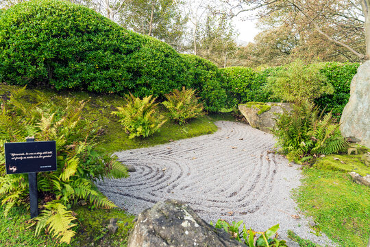 Zen rock garden the Lafcadio Hearn Japanese Gardens, a stunning gardens that reflects the life of the Irish-Greek writer, in seaside town of Tramore, County Waterford, Ireland