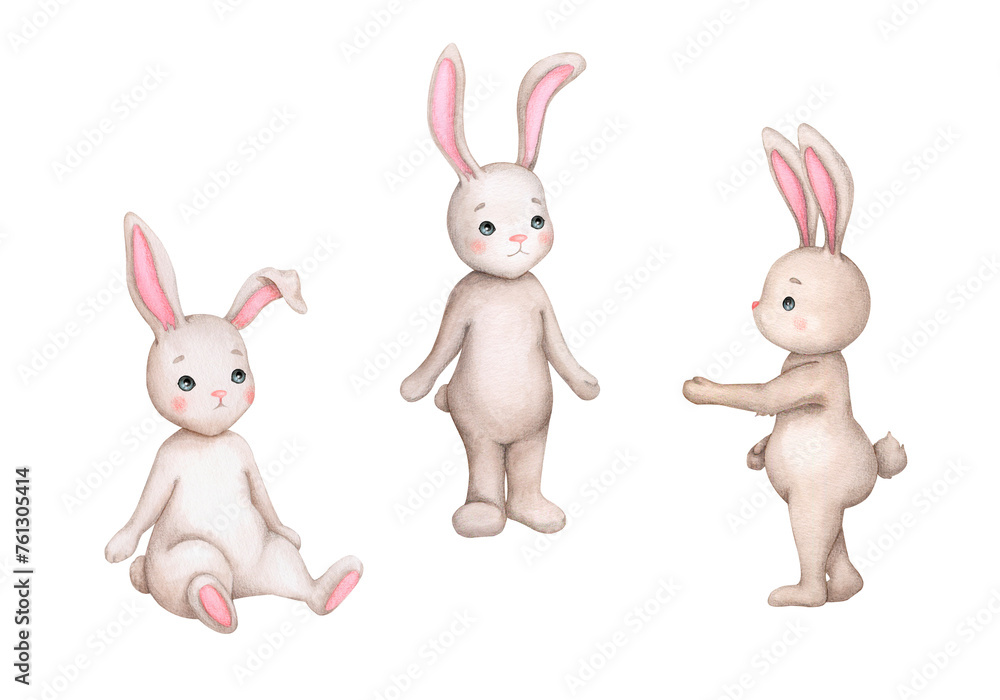 Wall mural Set of cute bunnies. Children's illustration. Hand drawn watercolor. Baby shower, birthday, children's party. Clipart for print, invitation, poster, greeting card, postcard.