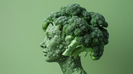 This artistic portrayal uses broccoli to mimic a human head profile, blending nature with human likeness