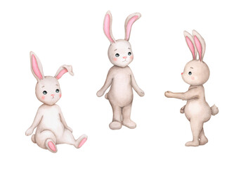 Set of cute bunnies. Children's illustration. Hand drawn watercolor. Baby shower, birthday, children's party. Clipart for print, invitation, poster, greeting card, postcard.