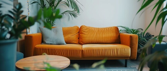 Ein orangenes Sofa in einem gemütlichen Wohnzimmer 