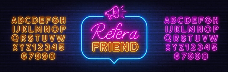 Refer a Friend neon sign in the speech bubble on brick wall background.