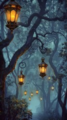 Beautiful street lanterns hanging from trees foggy night.
