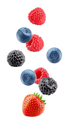 Falling wild berries mix, strawberry, raspberry, blueberry, blackberry, isolated on white...