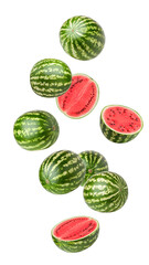 Falling watermelon set, isolated on white background, full depth of field