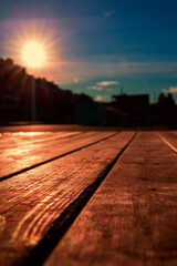 plancher en bois sur le quai, Genève au coucher du soleil