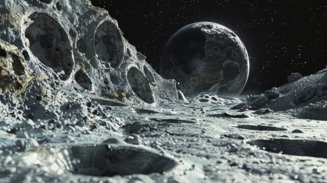 The rugged, cratered surface of the moon stretches out with the Earth dramatically rising in the starry sky above.
