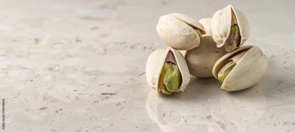Poster pistachios on white table with generous blank space for text, ideal for creative compositions