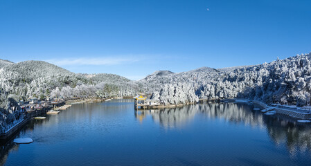 aerial view of lake scene in winter Lushan mountain