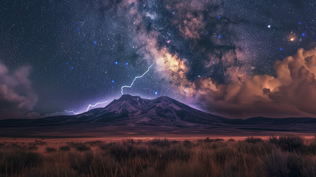 lightning flashed over a mountain peak located in a vast expanse of grassland, a flash of light illuminated the mountain and the night sky, Ai Generated Images