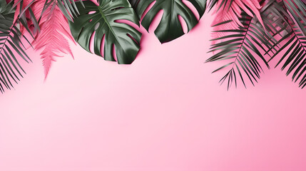 Frame with Tropical leaves on a pink background with copy space, top view - obrazy, fototapety, plakaty