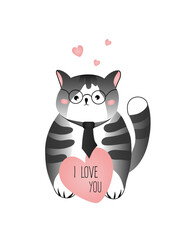 Card with cute grey striped cat on white background. Vector illustration for children, fabric, Valentine's Day