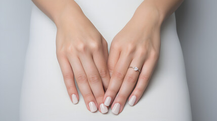 Woman's Hands with Pale Pink Manicure and Diamond Ring