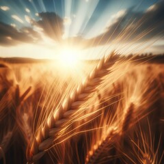 wheat field at sunset. Golden hour brilliance over a peaceful wheat field at sunset. Generative AI - obrazy, fototapety, plakaty