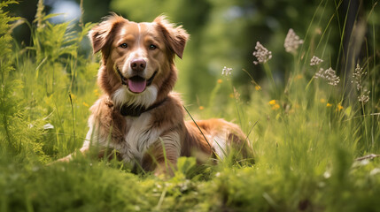 Happy Dog Relaxing in a Green Meadow