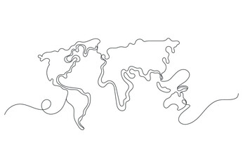 World map, one line art. Vector illustration of a World Map drawn by hand with a continuous line.