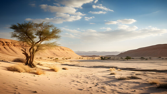 Solitary Tree in a Desert Landscape at Sunset