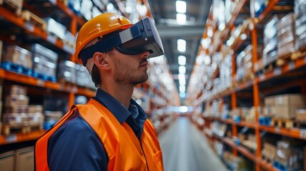 Augmented Reality Picking warehouse workers wearing AR glasses or headsets, which provide real-time picking instructions and navigation cues for faster and more accurate order fulfillment. - obrazy, fototapety, plakaty