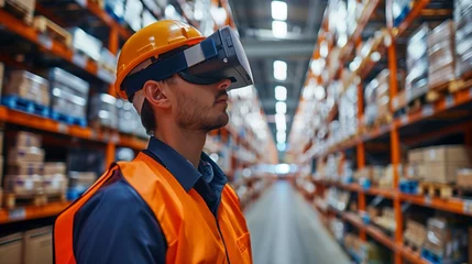 Foto op Plexiglas Augmented Reality Picking warehouse workers wearing AR glasses or headsets, which provide real-time picking instructions and navigation cues for faster and more accurate order fulfillment. © CraftyImago