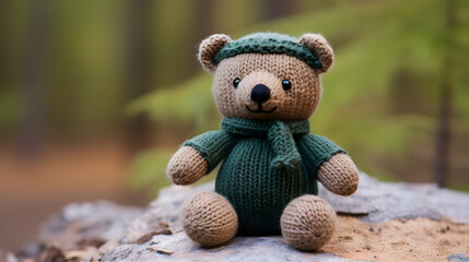 Handcrafted Knitted Teddy Bear in Forest Setting