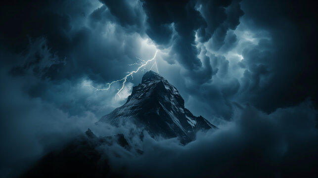 the image of lightning striking a towering mountain peak, a flash of light splitting the dark sky to form a mountain silhouette, displaying the majesty and majesty of nature. Ai Generated Images