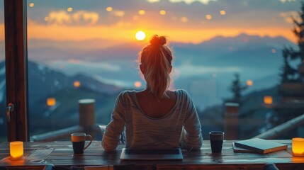 A women sits at a table with a laptop and a coffee mug. Facing the mountain range sunrise