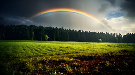 Rainbow Over Lush Field at Dusk