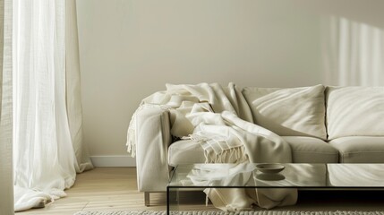 Fototapeta na wymiar Elegant Minimalist Living Space featuring Glass Coffee Table and Ivory Throw Blanket