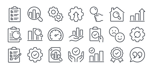 Evaluation and assess editable stroke outline icons set  isolated on white background flat vector illustration. Pixel perfect. 64 x 64.