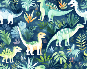Seamless watercolor pattern with various dinosaurs in a jungle