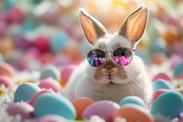 Fototapeta na wymiar Easter bunny wearing sunglasses, surrounded by colorful Easter eggs in vibrant colors. 