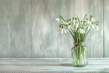 An artfully arranged bouquet of snowdrops in a vintage glass jar, placed on a distressed white painted wooden table.
