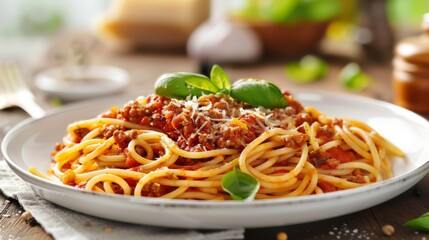 Spaghetti Bolognese on white plate on wooden table. Traditional Italian food. Pasta with meat and cheese.
