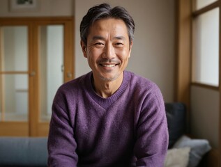 
Photo of a happy middle-aged Japanese man in casual clothes inside a bright apartment, 